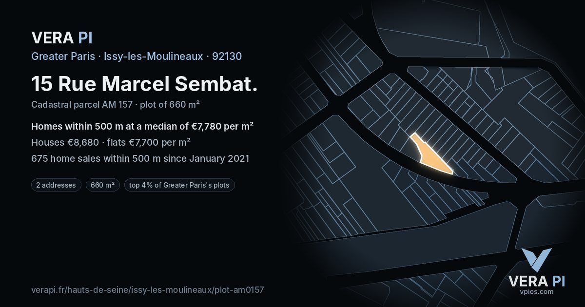 15 Rue Marcel Sembat, Issy-les-Moulineaux at night – the plot lit, the parcels around coloured by the prices near them