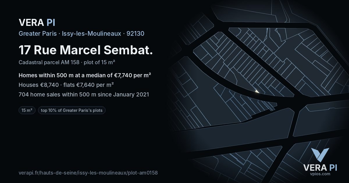 17 Rue Marcel Sembat, Issy-les-Moulineaux at night – the plot lit, the parcels around coloured by the prices near them