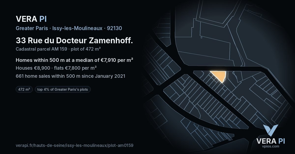 33 Rue du Docteur Zamenhoff, Issy-les-Moulineaux at night – the plot lit, the parcels around coloured by the prices near them