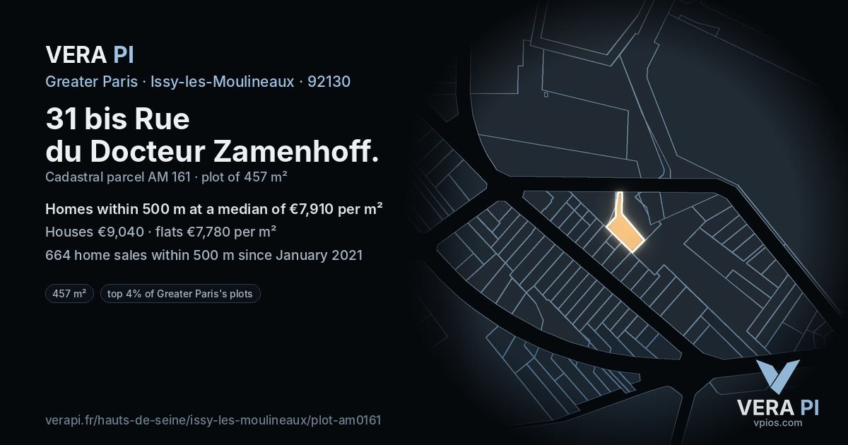 31 bis Rue du Docteur Zamenhoff, Issy-les-Moulineaux at night – the plot lit, the parcels around coloured by the prices near them