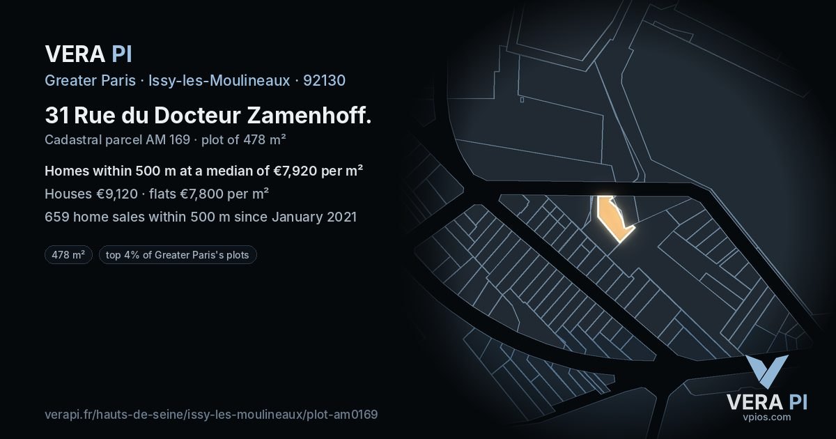 31 Rue du Docteur Zamenhoff, Issy-les-Moulineaux at night – the plot lit, the parcels around coloured by the prices near them