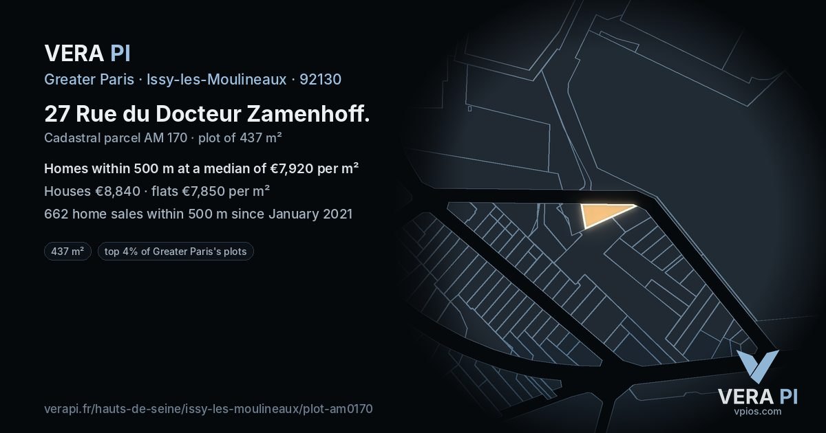 27 Rue du Docteur Zamenhoff, Issy-les-Moulineaux at night – the plot lit, the parcels around coloured by the prices near them