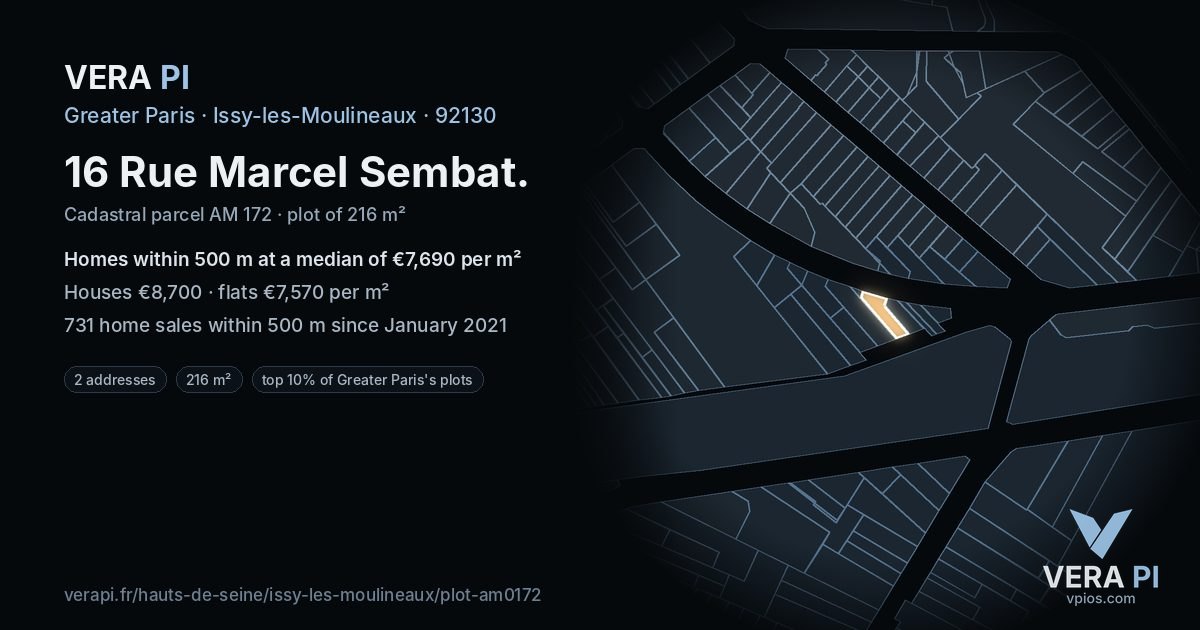 16 Rue Marcel Sembat, Issy-les-Moulineaux at night – the plot lit, the parcels around coloured by the prices near them