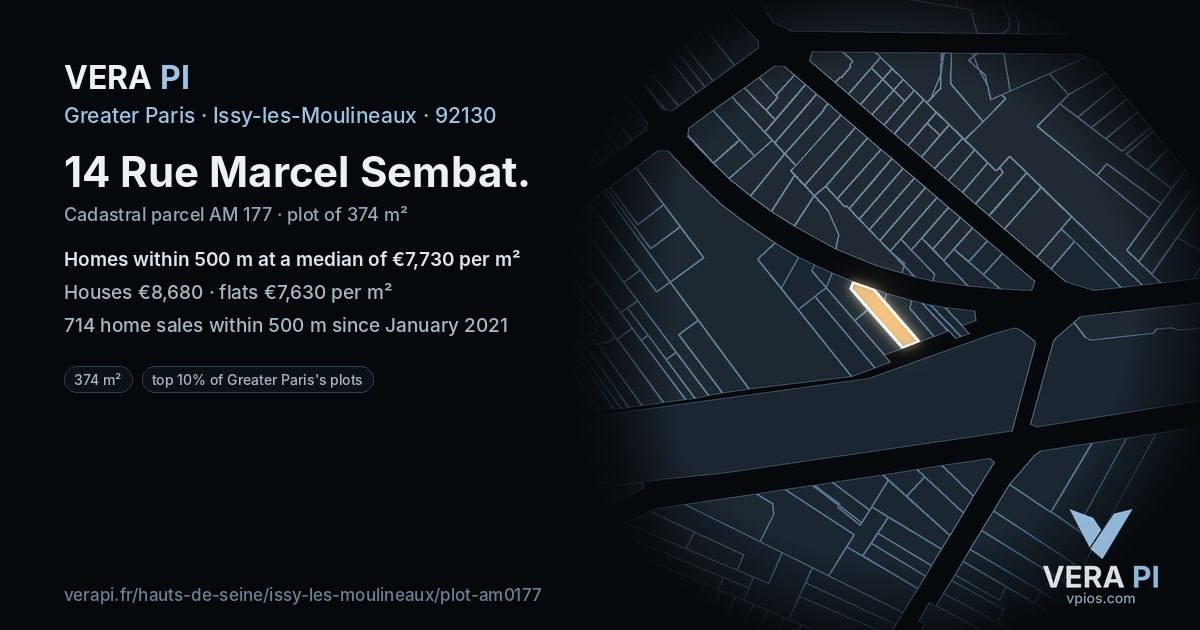 14 Rue Marcel Sembat, Issy-les-Moulineaux at night – the plot lit, the parcels around coloured by the prices near them