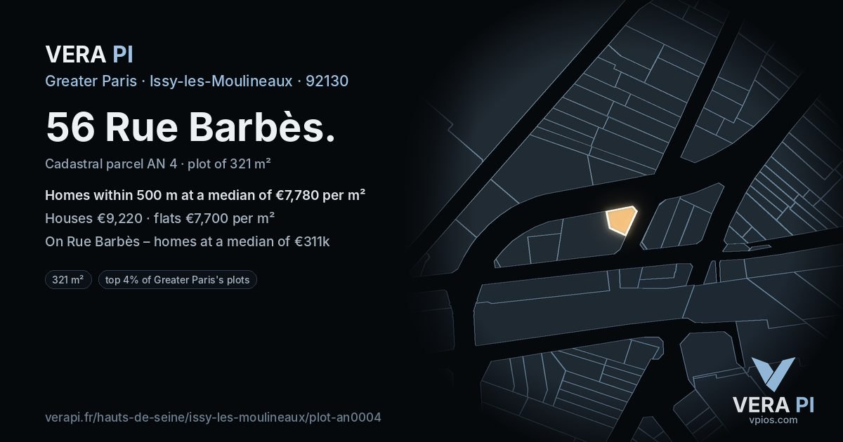 56 Rue Barbès, Issy-les-Moulineaux at night – the plot lit, the parcels around coloured by the prices near them