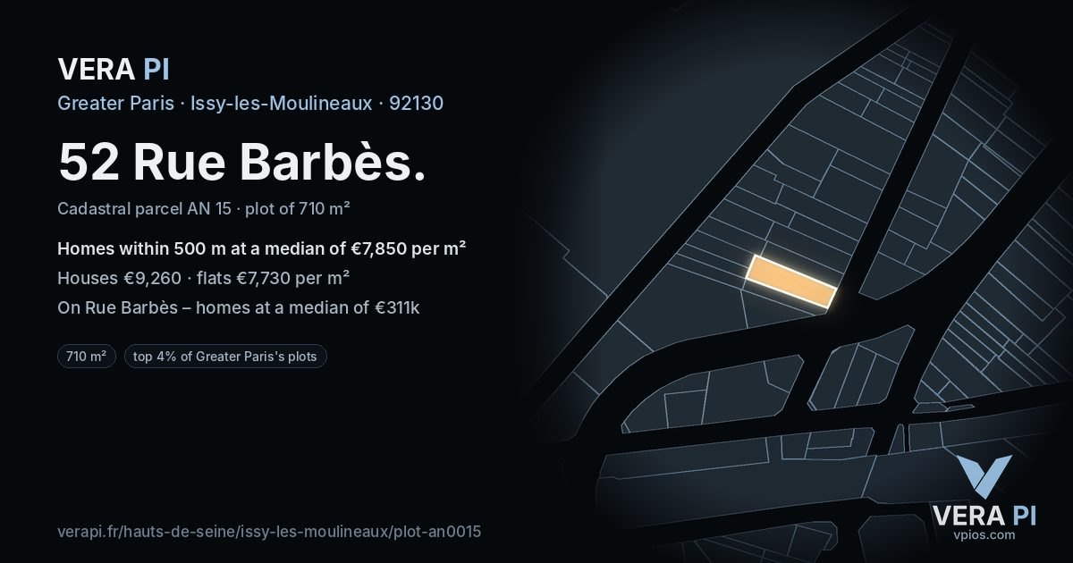 52 Rue Barbès, Issy-les-Moulineaux at night – the plot lit, the parcels around coloured by the prices near them