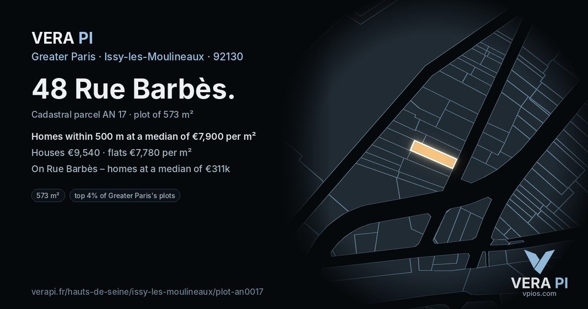 48 Rue Barbès, Issy-les-Moulineaux at night – the plot lit, the parcels around coloured by the prices near them