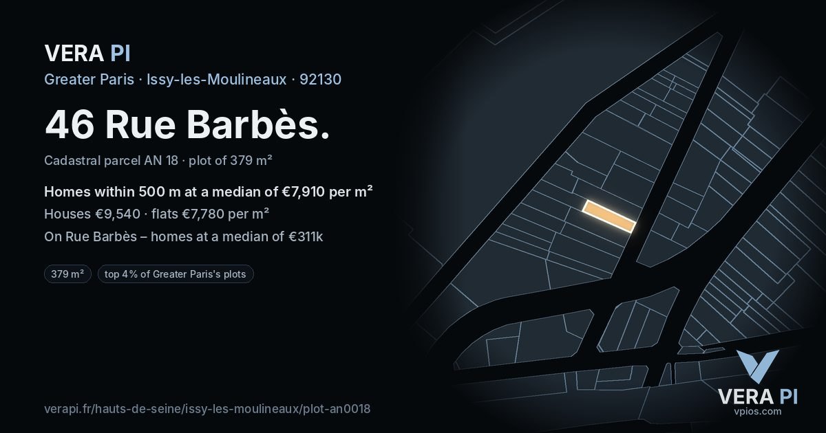 46 Rue Barbès, Issy-les-Moulineaux at night – the plot lit, the parcels around coloured by the prices near them