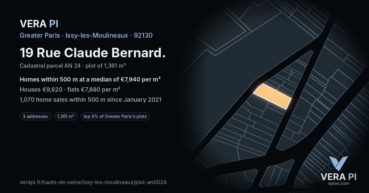 19 Rue Claude Bernard, Issy-les-Moulineaux at night – the plot lit, the parcels around coloured by the prices near them