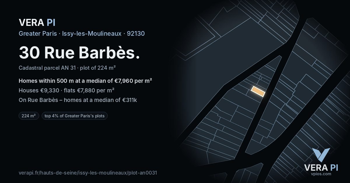 30 Rue Barbès, Issy-les-Moulineaux at night – the plot lit, the parcels around coloured by the prices near them