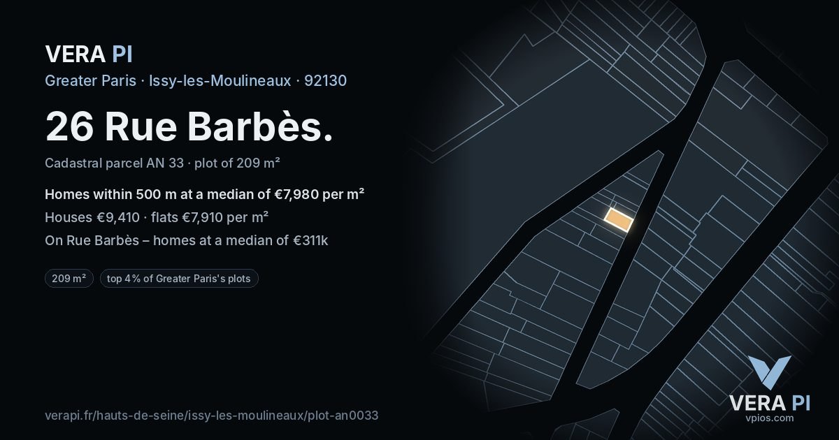 26 Rue Barbès, Issy-les-Moulineaux at night – the plot lit, the parcels around coloured by the prices near them