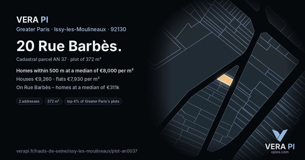 20 Rue Barbès, Issy-les-Moulineaux at night – the plot lit, the parcels around coloured by the prices near them