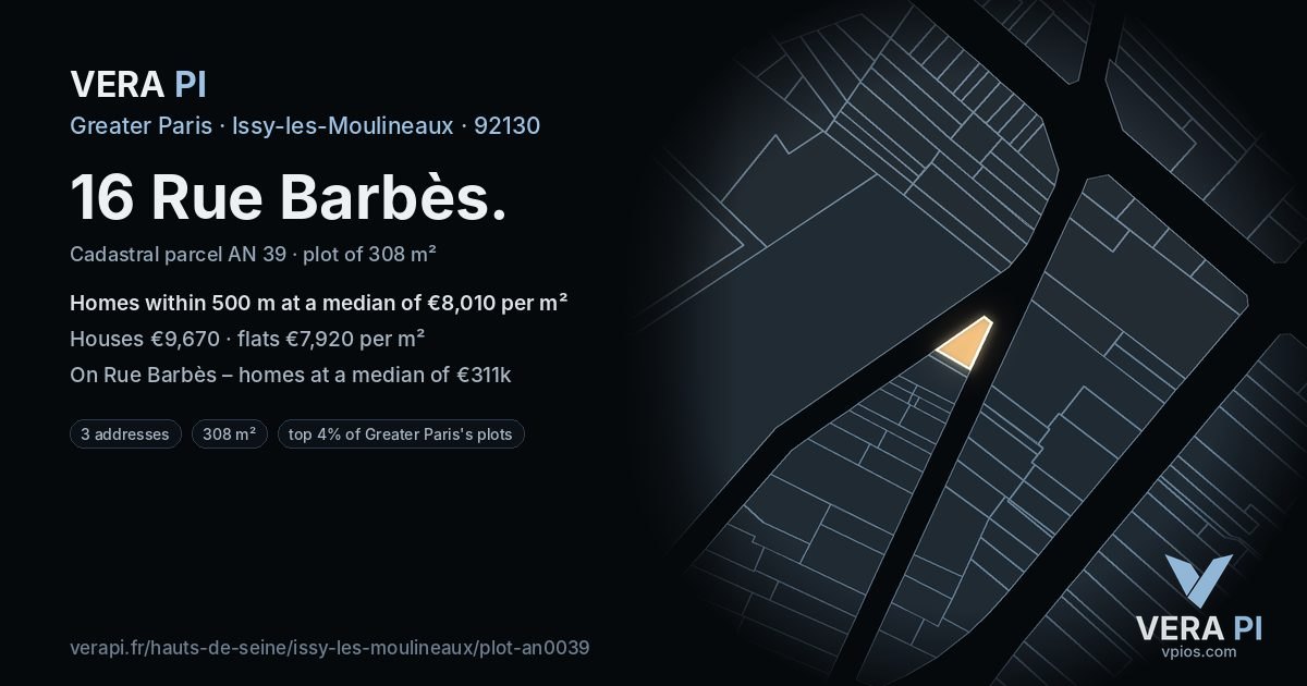 16 Rue Barbès, Issy-les-Moulineaux at night – the plot lit, the parcels around coloured by the prices near them