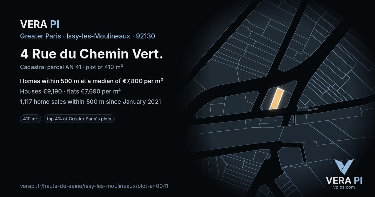 4 Rue du Chemin Vert, Issy-les-Moulineaux at night – the plot lit, the parcels around coloured by the prices near them