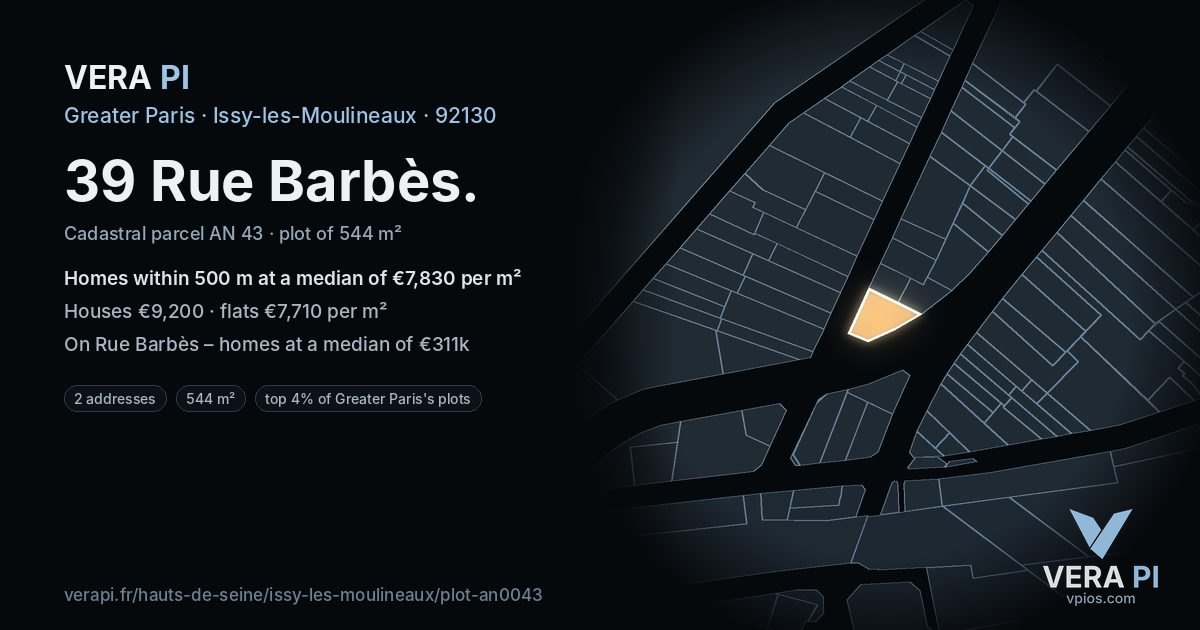 39 Rue Barbès, Issy-les-Moulineaux at night – the plot lit, the parcels around coloured by the prices near them