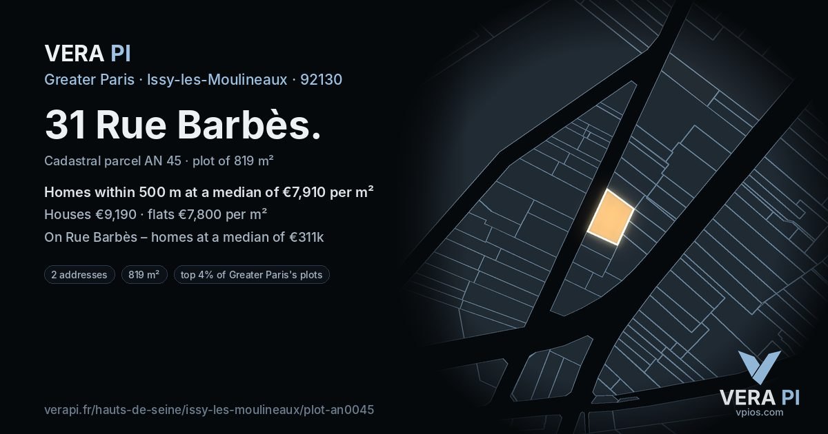 31 Rue Barbès, Issy-les-Moulineaux at night – the plot lit, the parcels around coloured by the prices near them