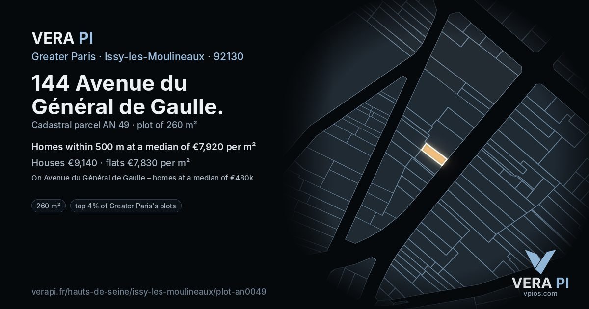 144 Avenue du Général de Gaulle, Issy-les-Moulineaux at night – the plot lit, the parcels around coloured by the prices near them