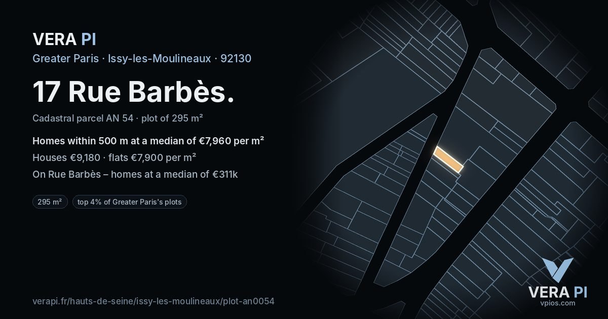 17 Rue Barbès, Issy-les-Moulineaux at night – the plot lit, the parcels around coloured by the prices near them