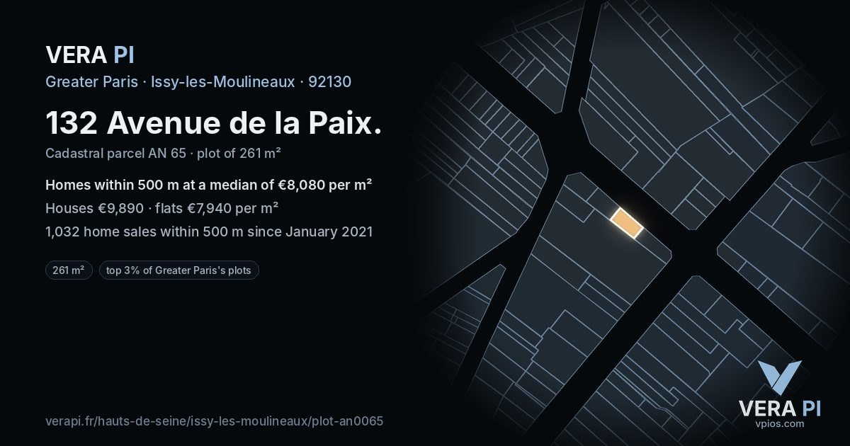 132 Avenue de la Paix, Issy-les-Moulineaux at night – the plot lit, the parcels around coloured by the prices near them