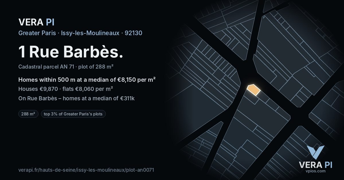 1 Rue Barbès, Issy-les-Moulineaux at night – the plot lit, the parcels around coloured by the prices near them