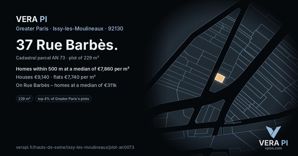 37 Rue Barbès, Issy-les-Moulineaux at night – the plot lit, the parcels around coloured by the prices near them