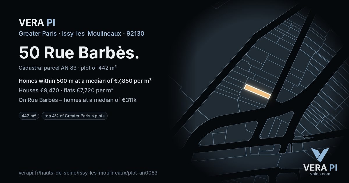 50 Rue Barbès, Issy-les-Moulineaux at night – the plot lit, the parcels around coloured by the prices near them