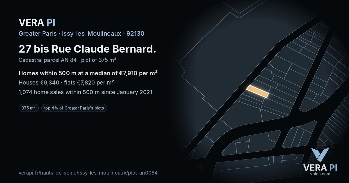 27 bis Rue Claude Bernard, Issy-les-Moulineaux at night – the plot lit, the parcels around coloured by the prices near them