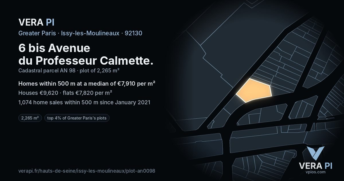 6 bis Avenue du Professeur Calmette, Issy-les-Moulineaux at night – the plot lit, the parcels around coloured by the prices near them