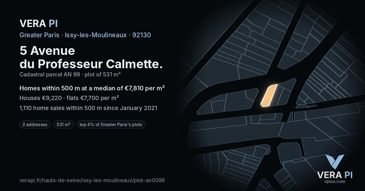 5 Avenue du Professeur Calmette, Issy-les-Moulineaux at night – the plot lit, the parcels around coloured by the prices near them