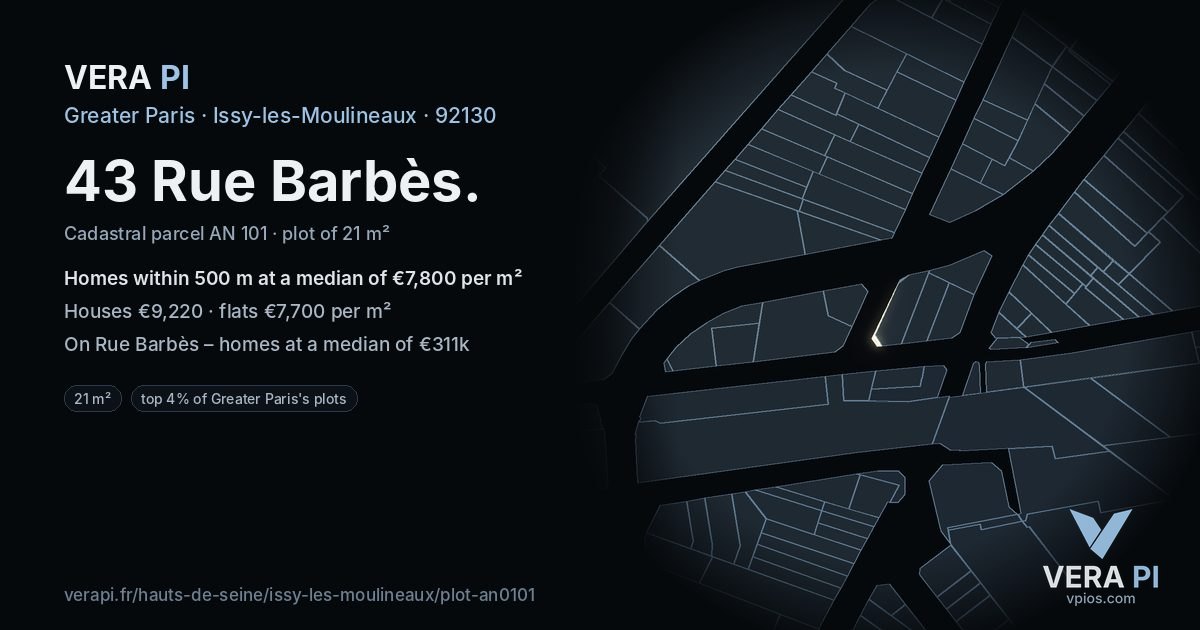43 Rue Barbès, Issy-les-Moulineaux at night – the plot lit, the parcels around coloured by the prices near them