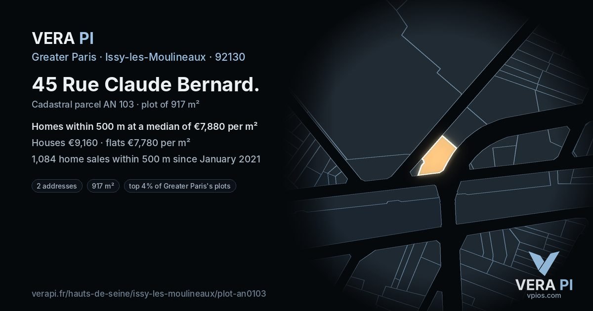 45 Rue Claude Bernard, Issy-les-Moulineaux at night – the plot lit, the parcels around coloured by the prices near them