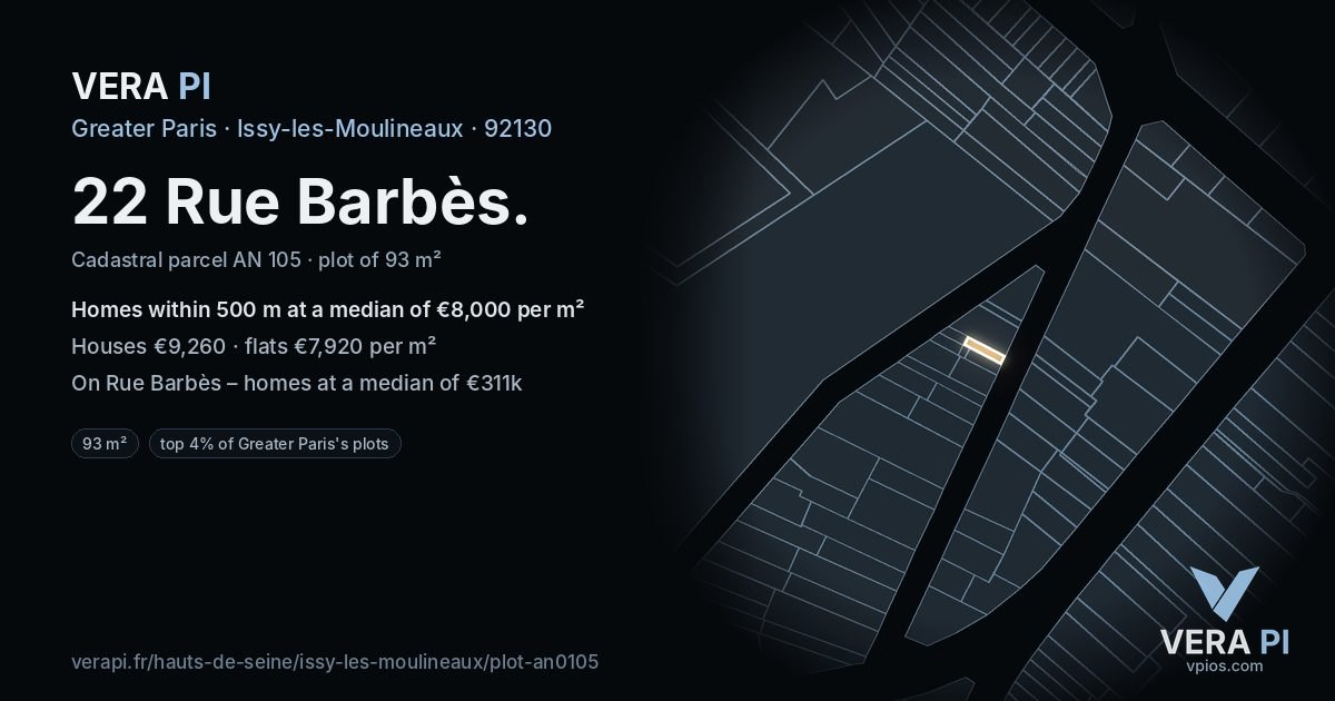 22 Rue Barbès, Issy-les-Moulineaux at night – the plot lit, the parcels around coloured by the prices near them