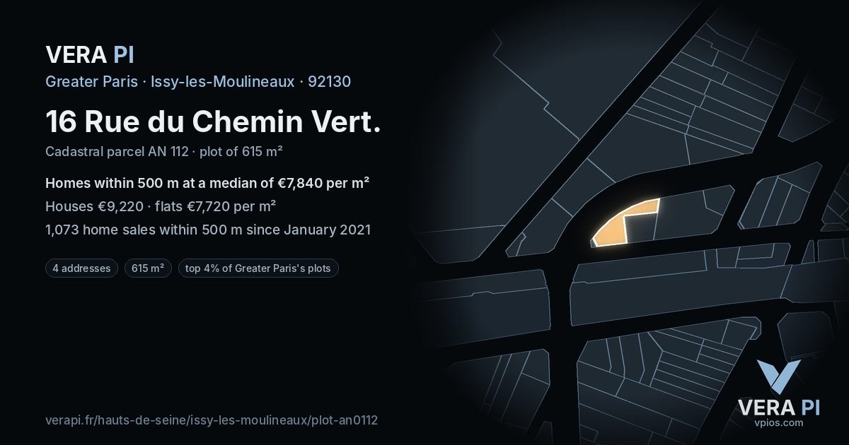 16 Rue du Chemin Vert, Issy-les-Moulineaux at night – the plot lit, the parcels around coloured by the prices near them
