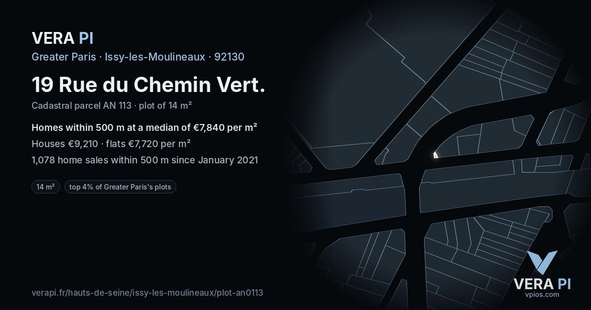 19 Rue du Chemin Vert, Issy-les-Moulineaux at night – the plot lit, the parcels around coloured by the prices near them