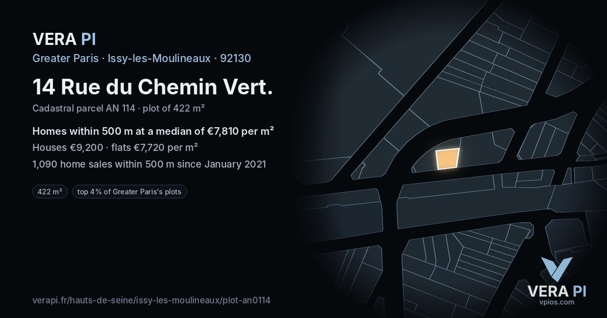 14 Rue du Chemin Vert, Issy-les-Moulineaux at night – the plot lit, the parcels around coloured by the prices near them