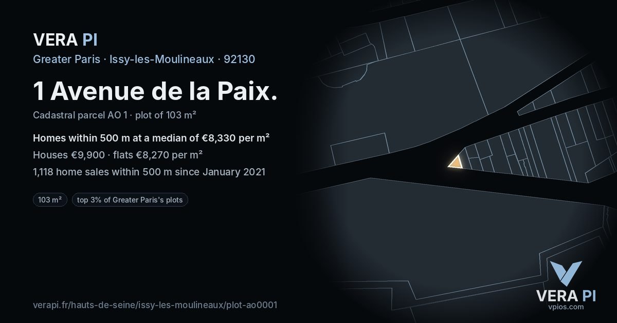 1 Avenue de la Paix, Issy-les-Moulineaux at night – the plot lit, the parcels around coloured by the prices near them