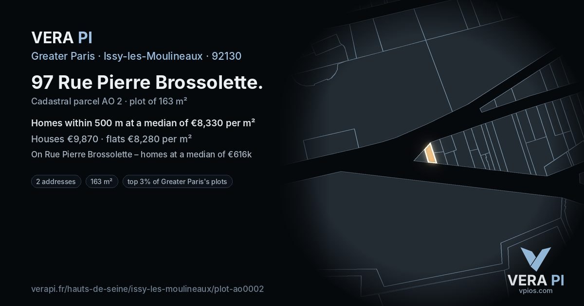 97 Rue Pierre Brossolette, Issy-les-Moulineaux at night – the plot lit, the parcels around coloured by the prices near them