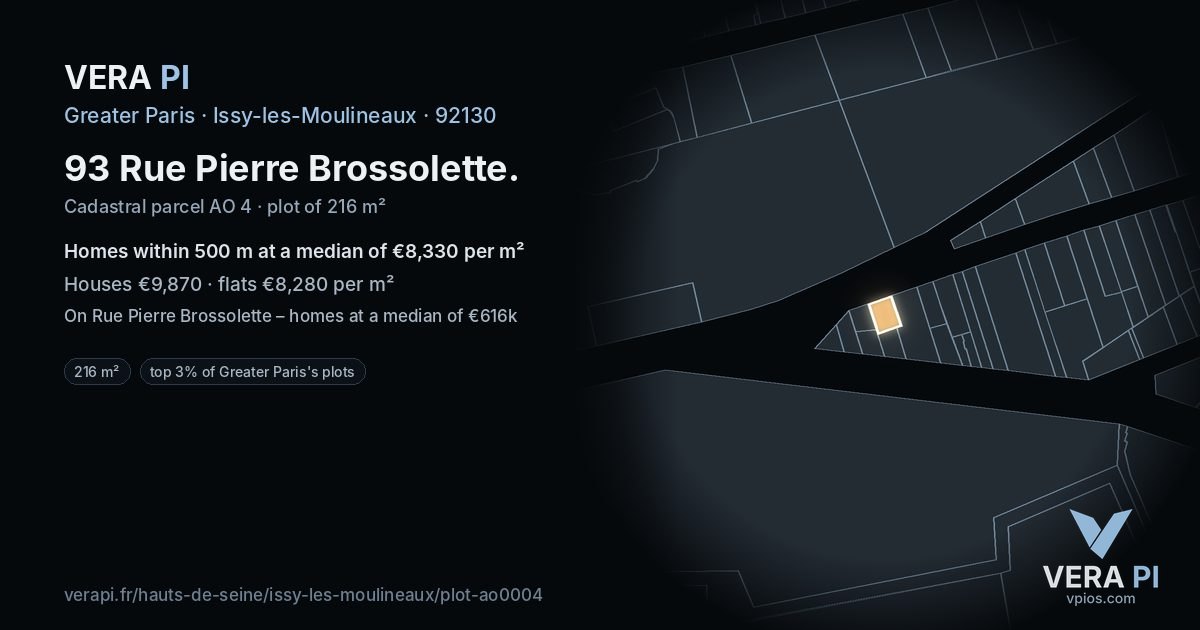 93 Rue Pierre Brossolette, Issy-les-Moulineaux at night – the plot lit, the parcels around coloured by the prices near them