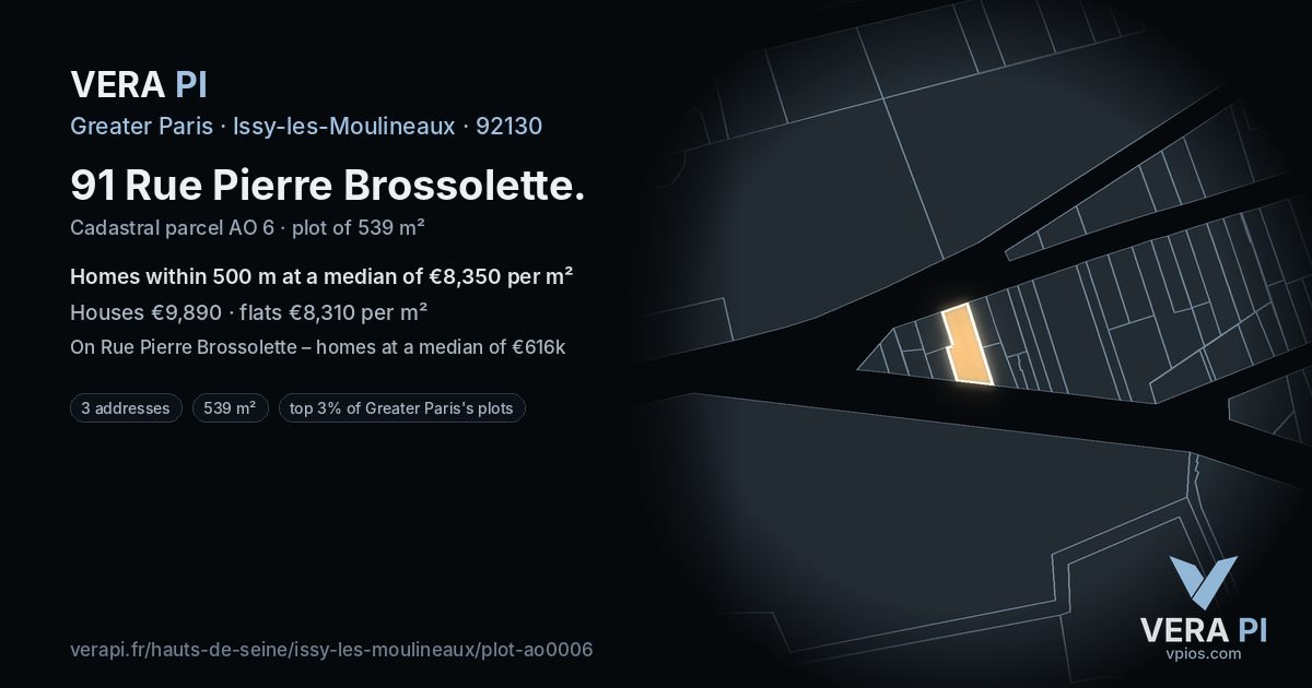 91 Rue Pierre Brossolette, Issy-les-Moulineaux at night – the plot lit, the parcels around coloured by the prices near them