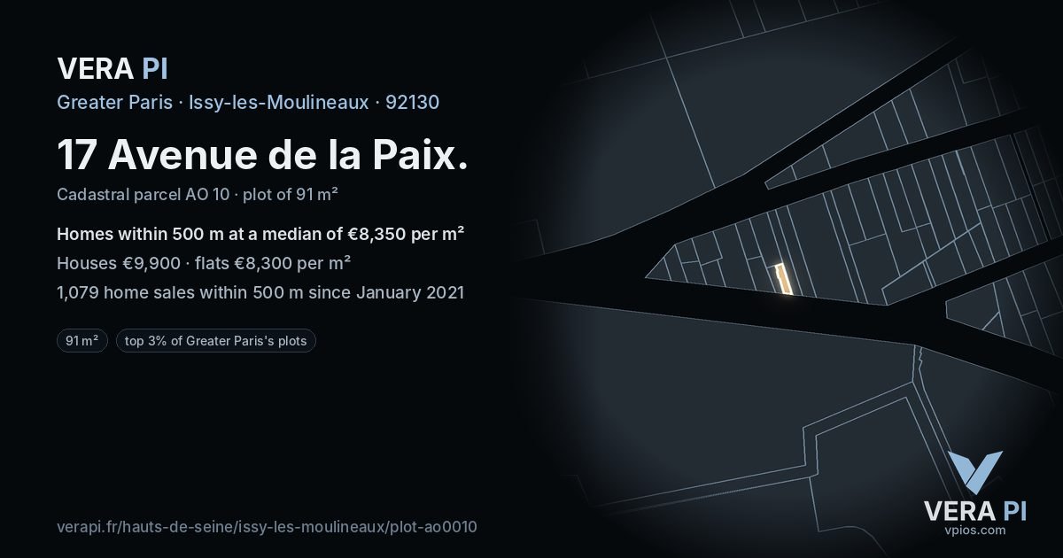 17 Avenue de la Paix, Issy-les-Moulineaux at night – the plot lit, the parcels around coloured by the prices near them