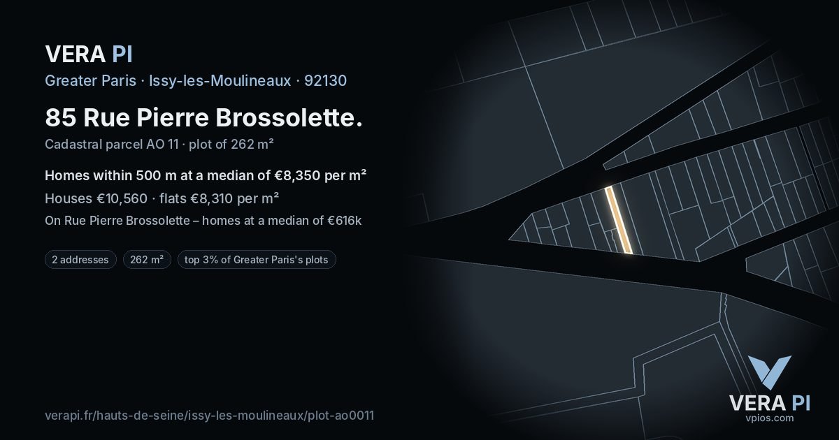85 Rue Pierre Brossolette, Issy-les-Moulineaux at night – the plot lit, the parcels around coloured by the prices near them