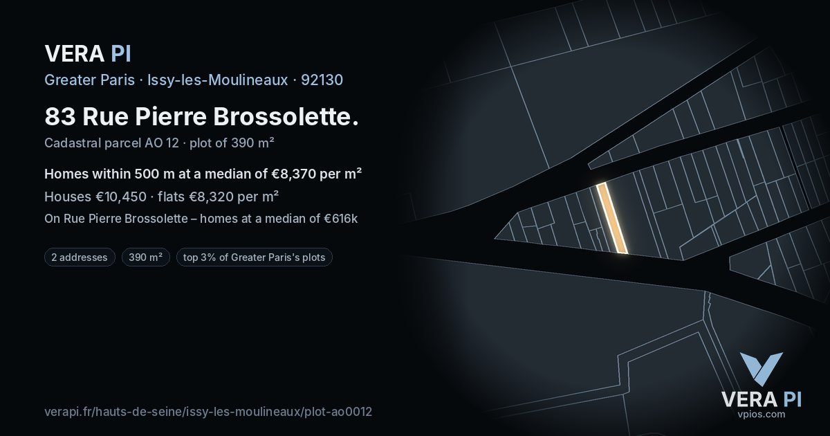 83 Rue Pierre Brossolette, Issy-les-Moulineaux at night – the plot lit, the parcels around coloured by the prices near them
