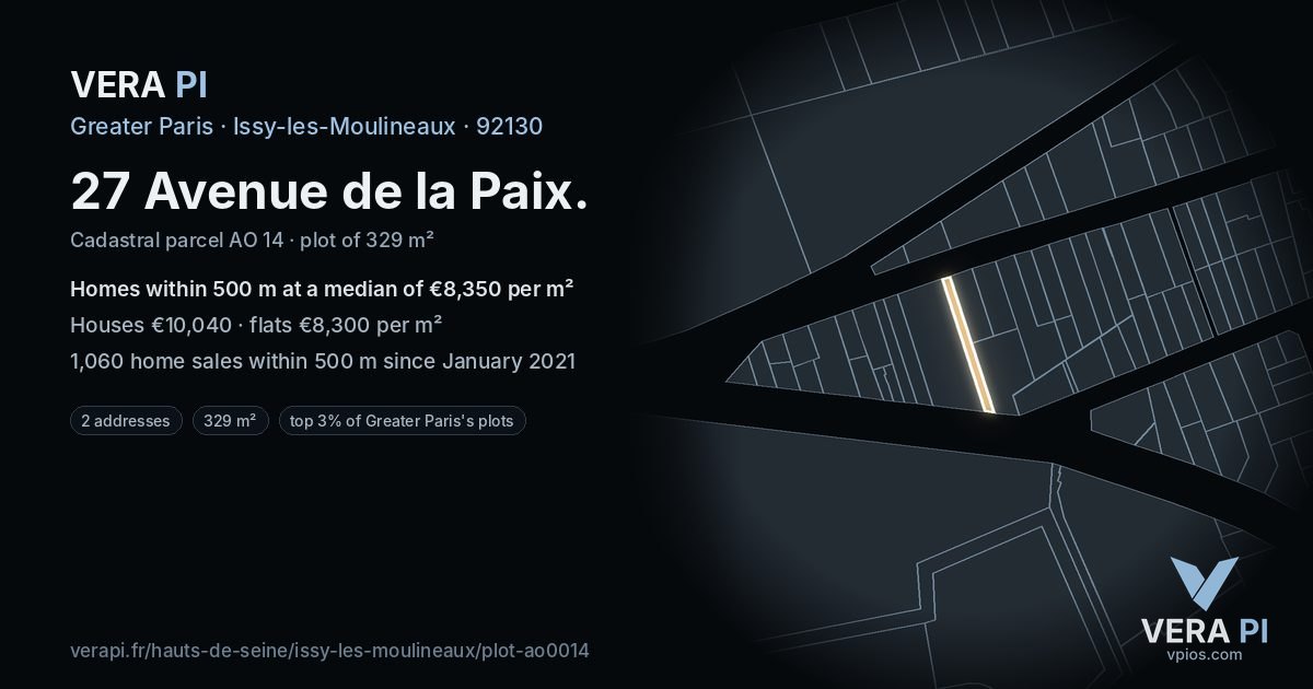 27 Avenue de la Paix, Issy-les-Moulineaux at night – the plot lit, the parcels around coloured by the prices near them