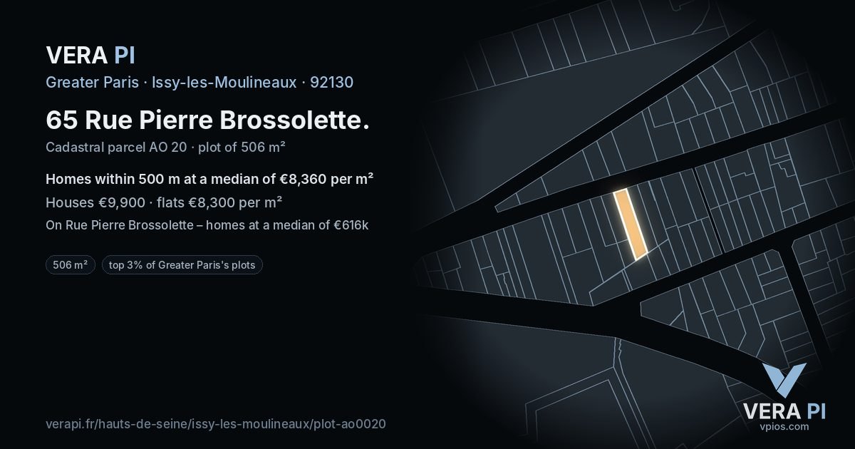 65 Rue Pierre Brossolette, Issy-les-Moulineaux at night – the plot lit, the parcels around coloured by the prices near them