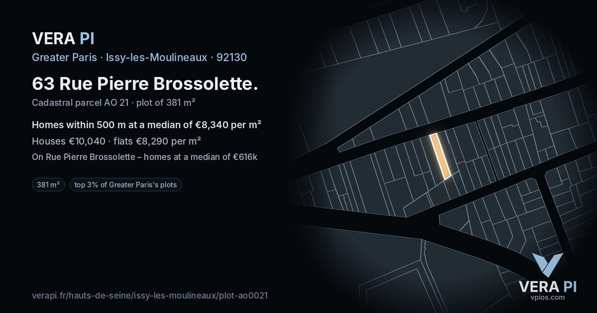 63 Rue Pierre Brossolette, Issy-les-Moulineaux at night – the plot lit, the parcels around coloured by the prices near them
