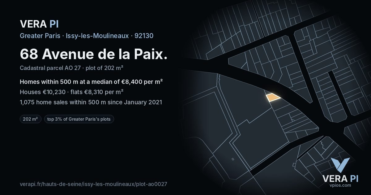68 Avenue de la Paix, Issy-les-Moulineaux at night – the plot lit, the parcels around coloured by the prices near them