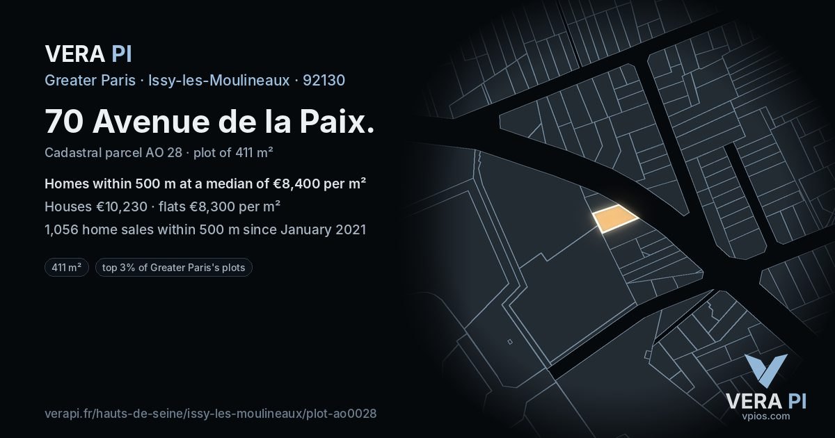 70 Avenue de la Paix, Issy-les-Moulineaux at night – the plot lit, the parcels around coloured by the prices near them