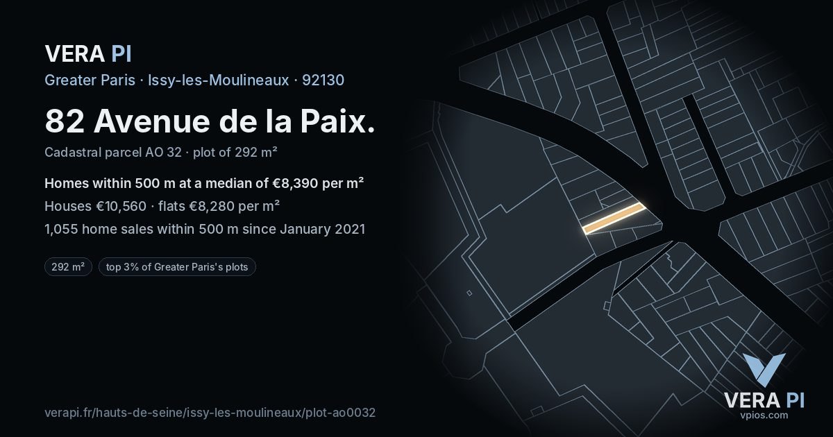 82 Avenue de la Paix, Issy-les-Moulineaux at night – the plot lit, the parcels around coloured by the prices near them