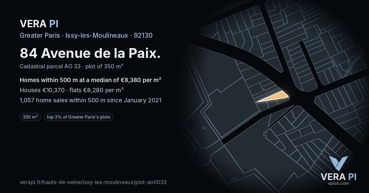 84 Avenue de la Paix, Issy-les-Moulineaux at night – the plot lit, the parcels around coloured by the prices near them