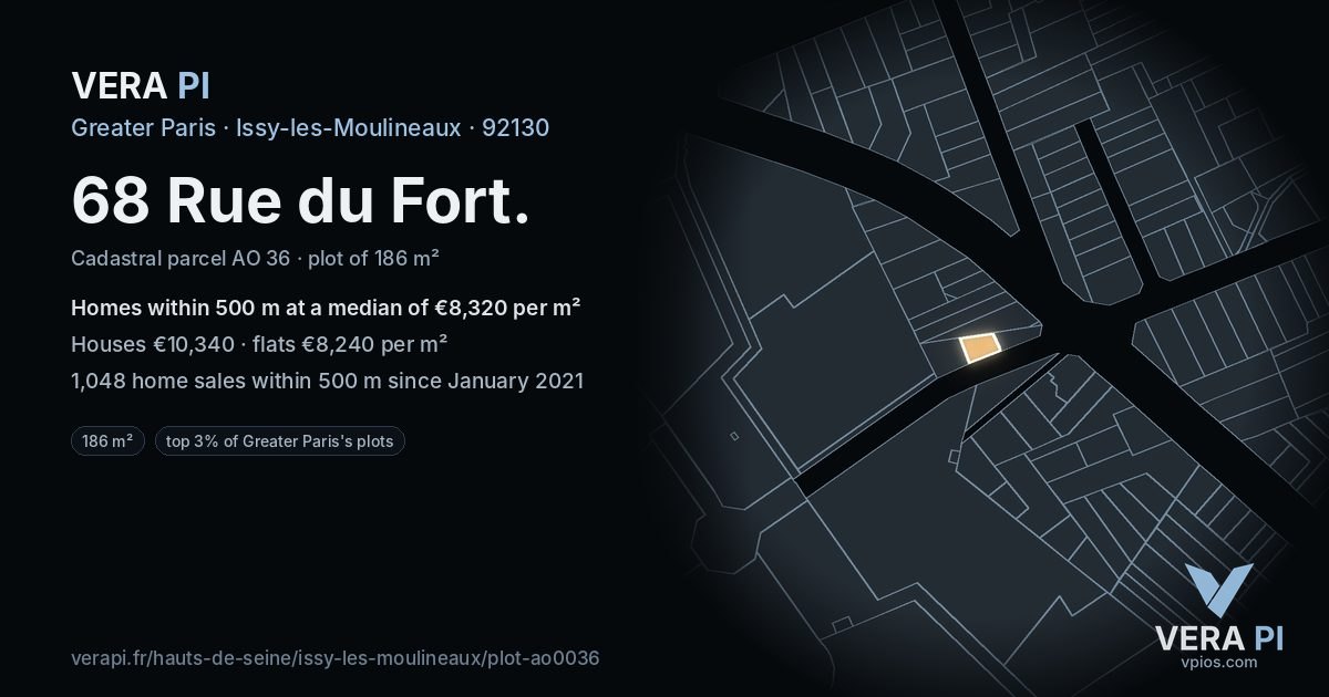 68 Rue du Fort, Issy-les-Moulineaux at night – the plot lit, the parcels around coloured by the prices near them